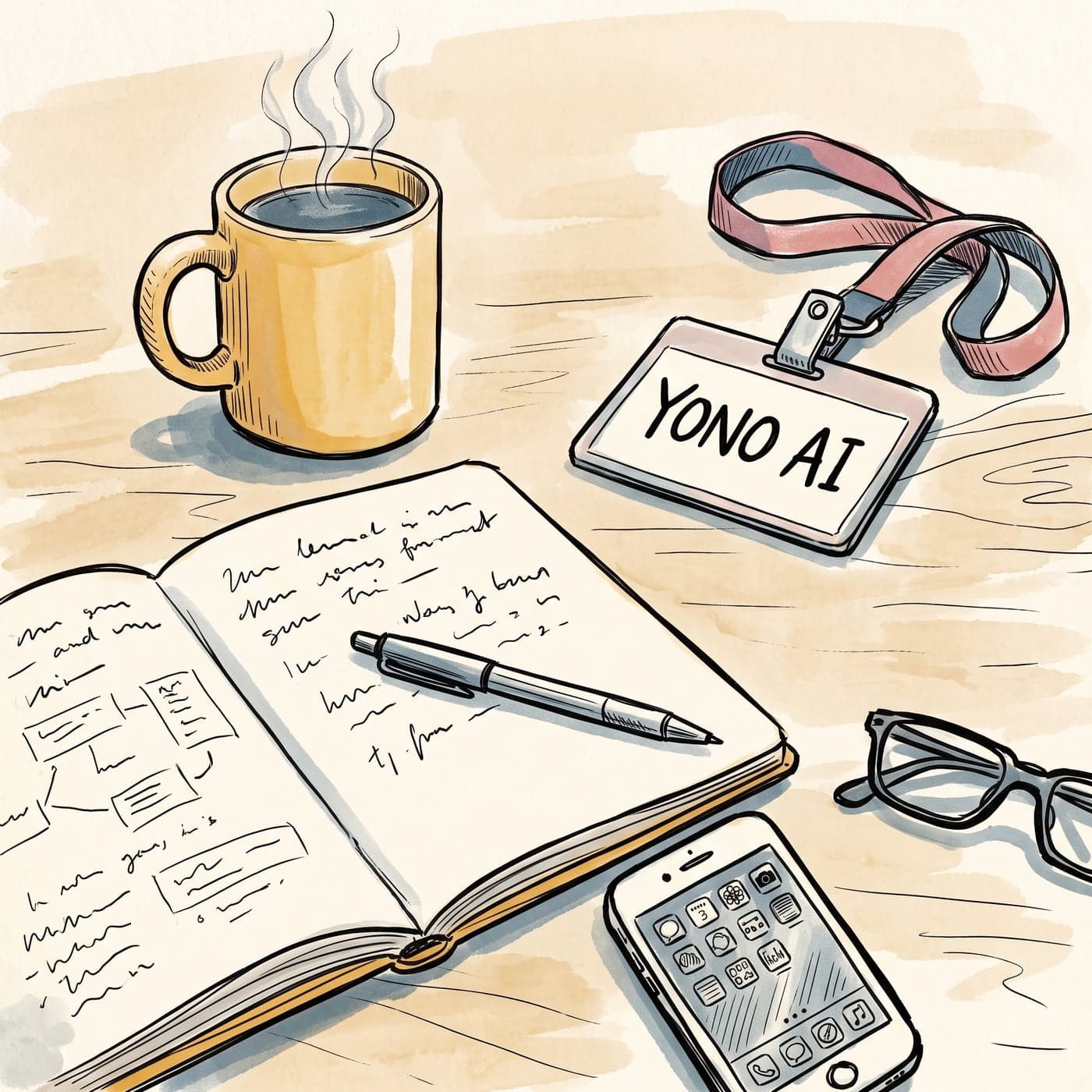 Meja kerja dengan buku catatan, kopi, dan tanda pengenal bertuliskan Yono AI